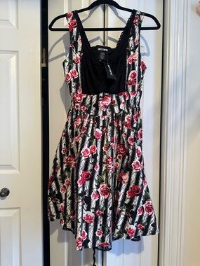 Hot Topic Black Striped Mini Dress with Pink Rose Print medium